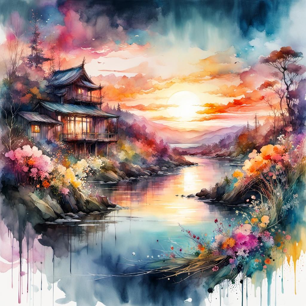 Digital watercolor Illustration of a summerscape sunset, by Waterhouse, Carne Griffiths, Minjae Lee, ...  by @Witty Dragon 