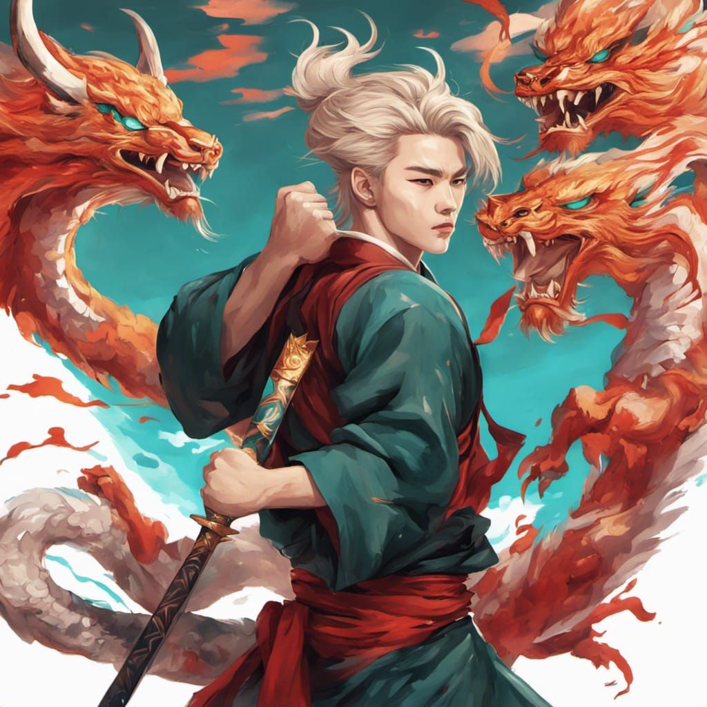 japanese painting style traditional jimin korean man handsome anime guy  fighter hero style red teal jade dragon tiger red sun moon painting... - AI  Generated Artwork - NightCafe Creator