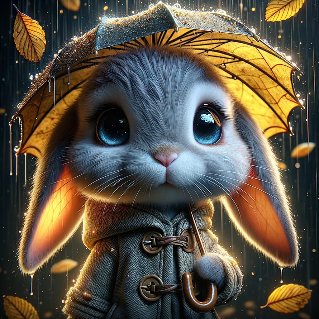 Cute rabbit in the rain (DALL-E 3)  by @Mak