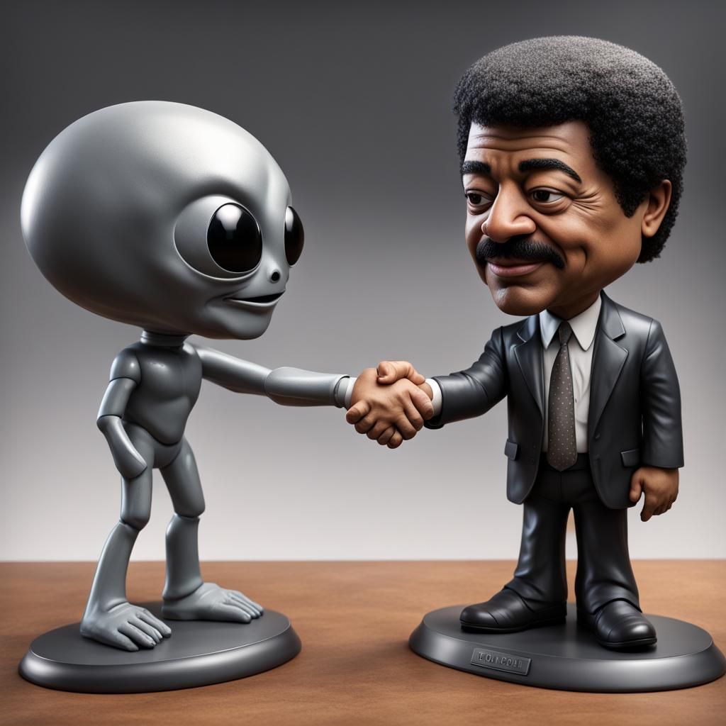 bobblehead of neil degrasse tyson shaking hands with a bobblehead of a grey alien  by @undefined