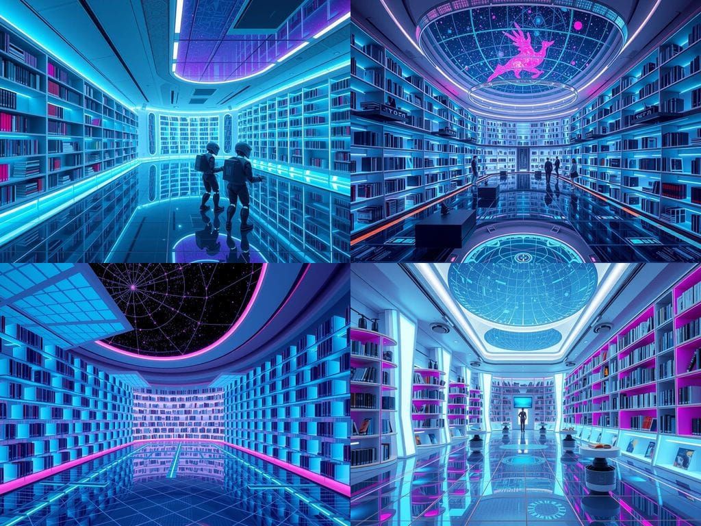a futuristic library with a sleek, high-tech aesthetic. The bookshelves hover in mid-air, glowing softly with neon blue ...