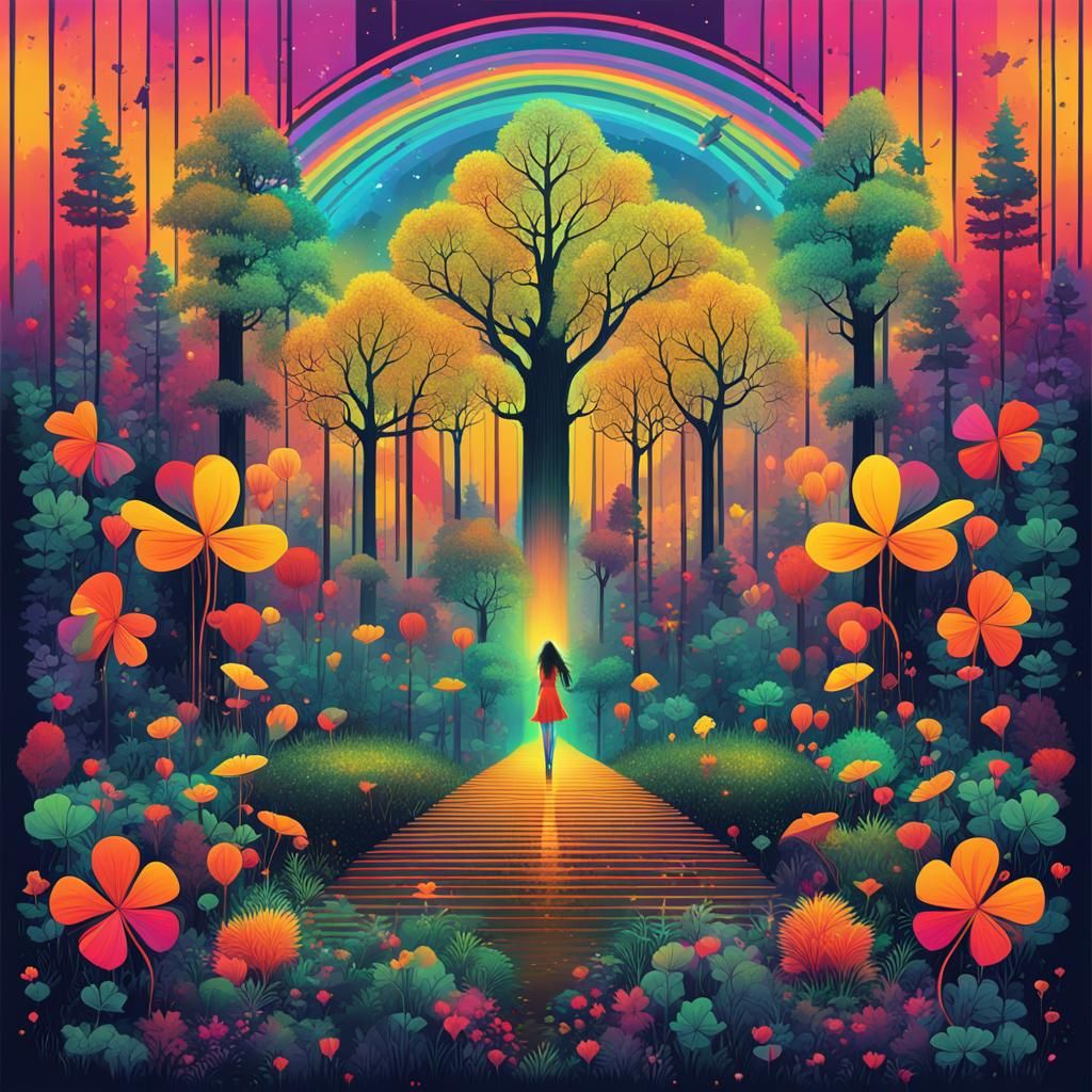 A mystical forest that glows with glittery colors and vibran...
