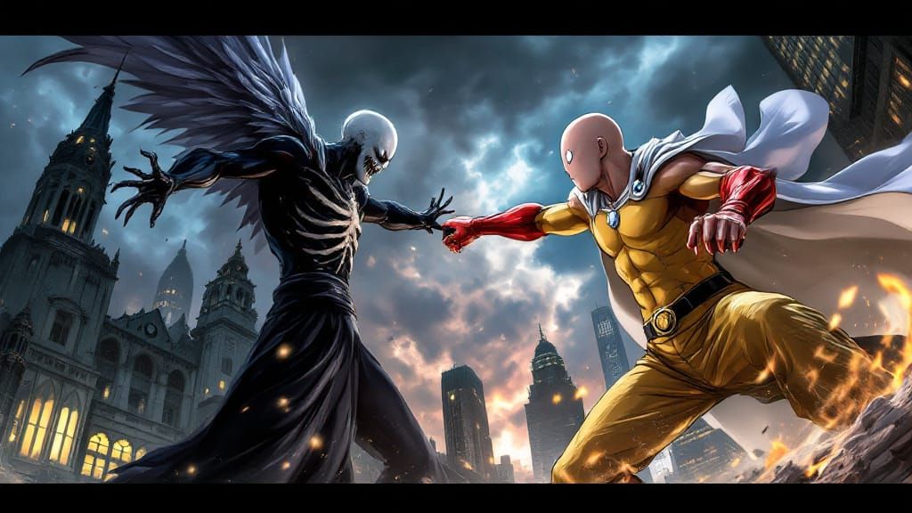 (One Punch Man: bald-headed, blank-eyed hero in his yellow jumpsuit and flowing white cape) launches ...  by @morr5750