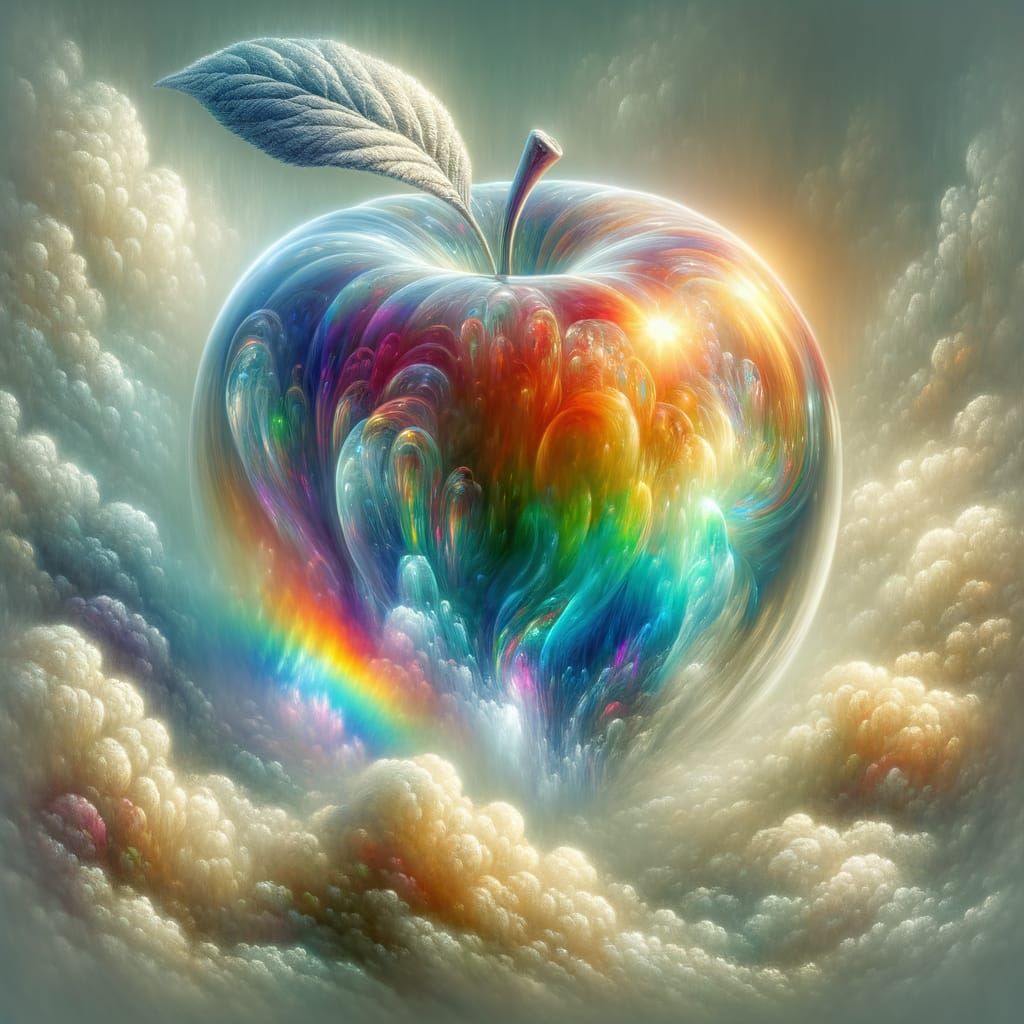 A crystal clear rainbow apple with a rainbow reflection. High resolution. 