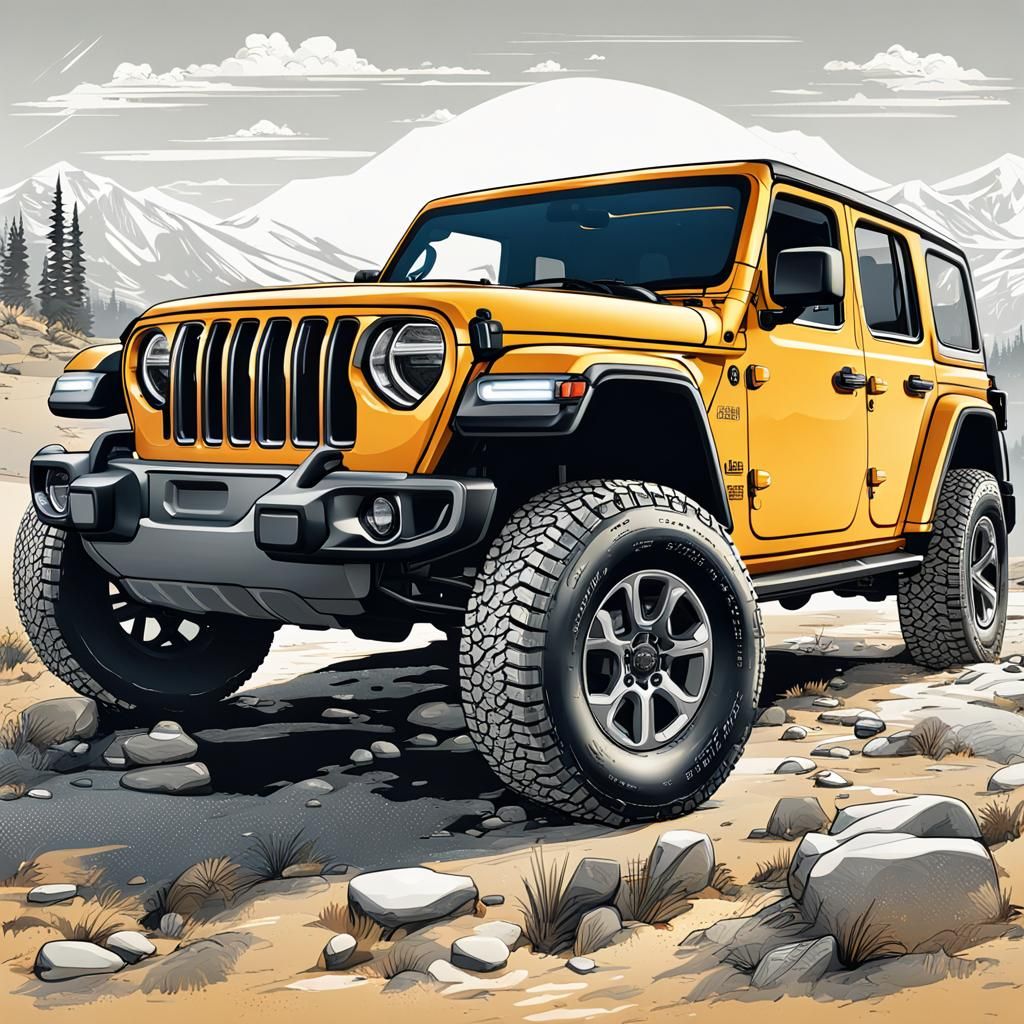 Infographic illustration of a 2019 Jeep Wrangler, realistic style, detailed