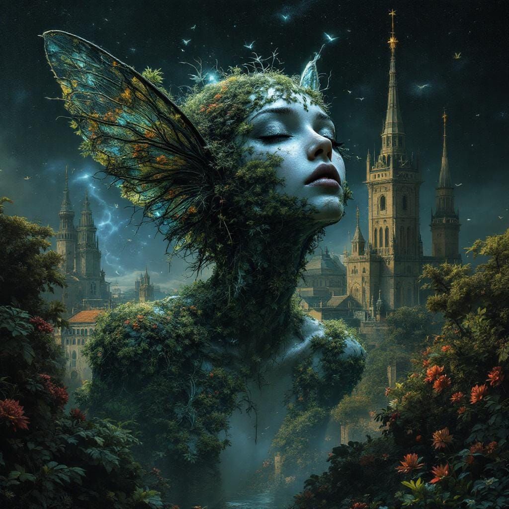 Hyperrealistic Earth Fairy with 3D Nature and Buildings