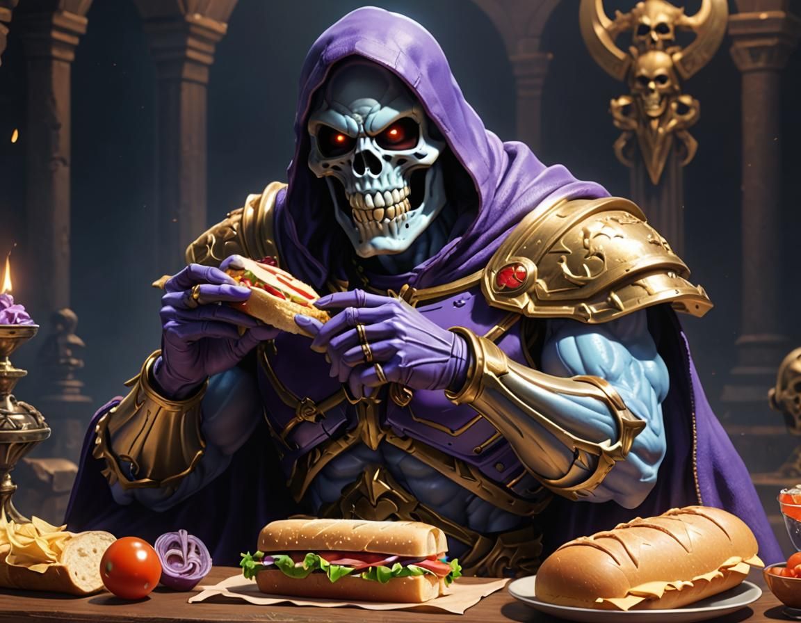Skeletor eating a sandwich, masters of the universe, motu
