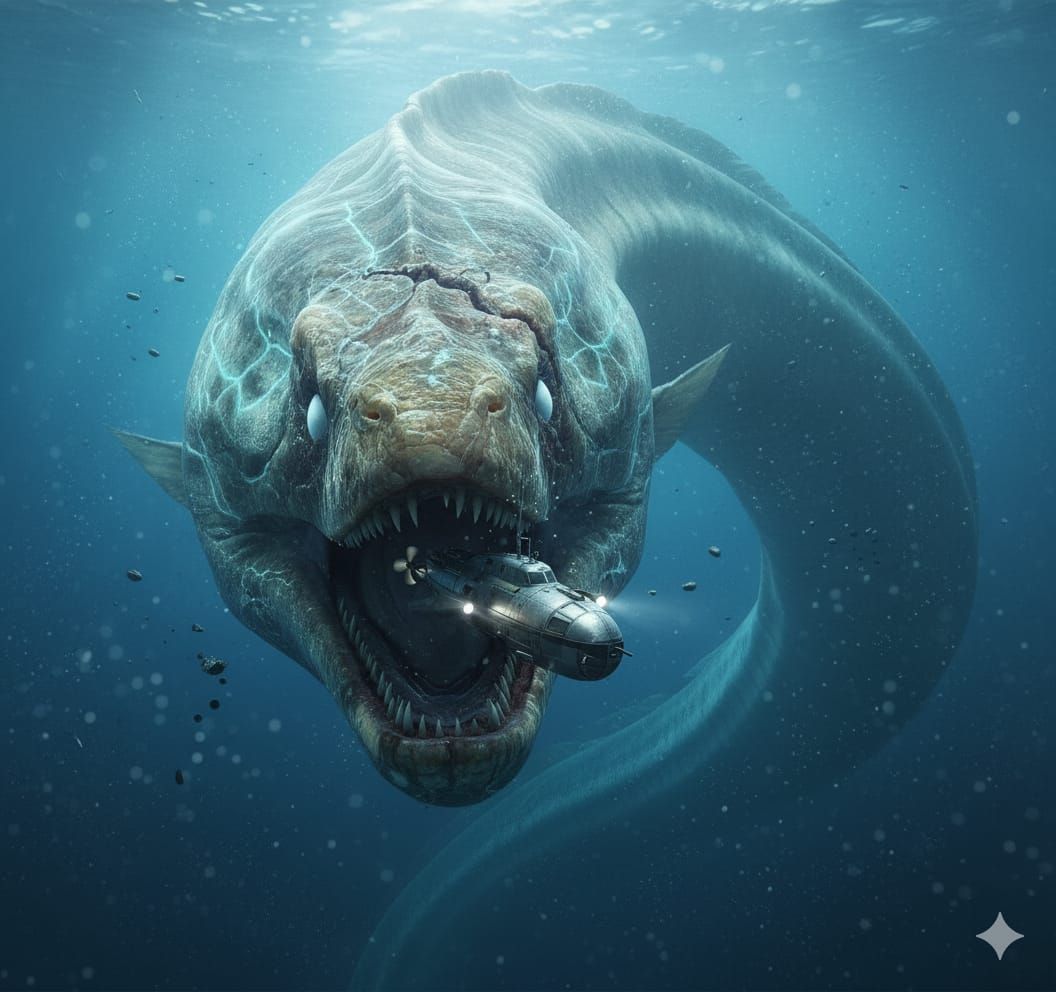 Terrifying SCP 3000 devouring a submarine in the Mariana’s trench in reality.