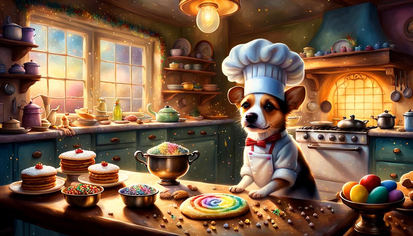 Dog Chef Bakes Cookies in Fantasy Kitchen