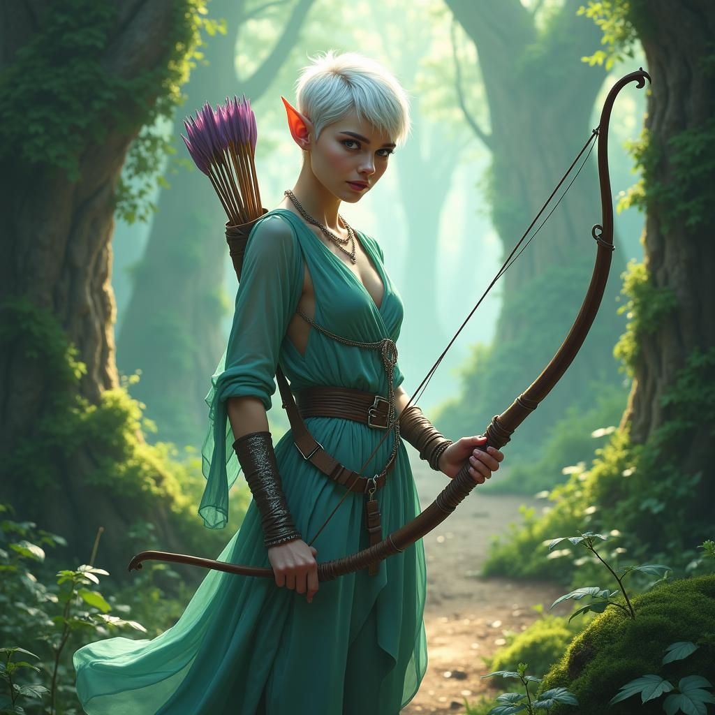 Androgynous elf, short white pixie hair, with purple eyes and very pretty, masculine body with flat chest, holding a bow and arrow, in float...