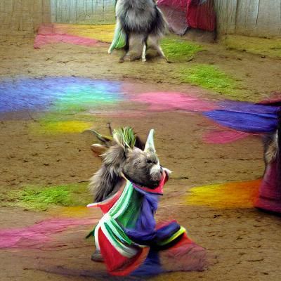 A little rainbow coloured donkey dancing.