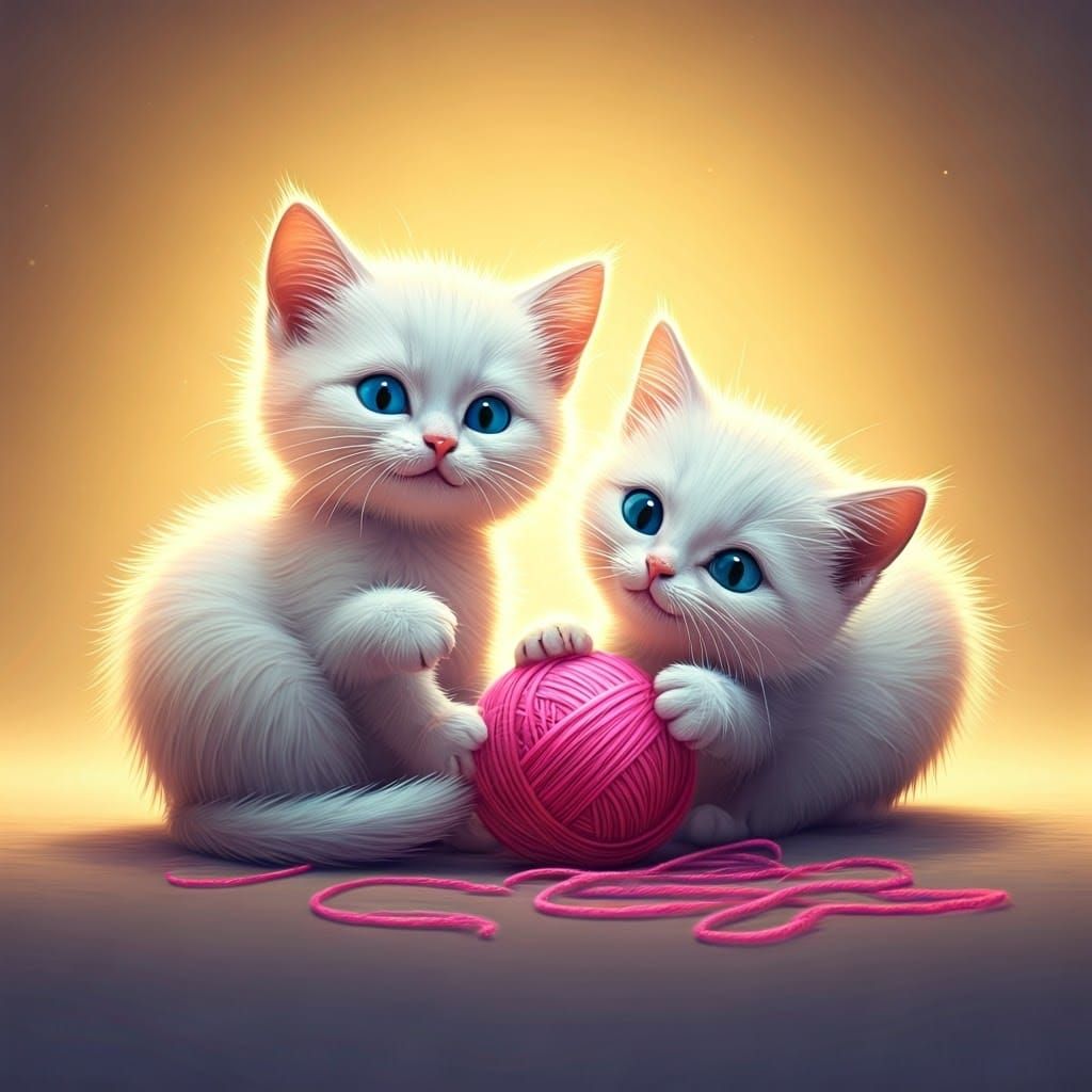 Playful White Kittens Batting Yarn Ball in Pixar Style