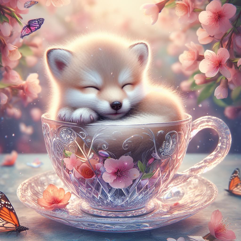 Sleepy Arctic Fox in Crystal Tea Cup