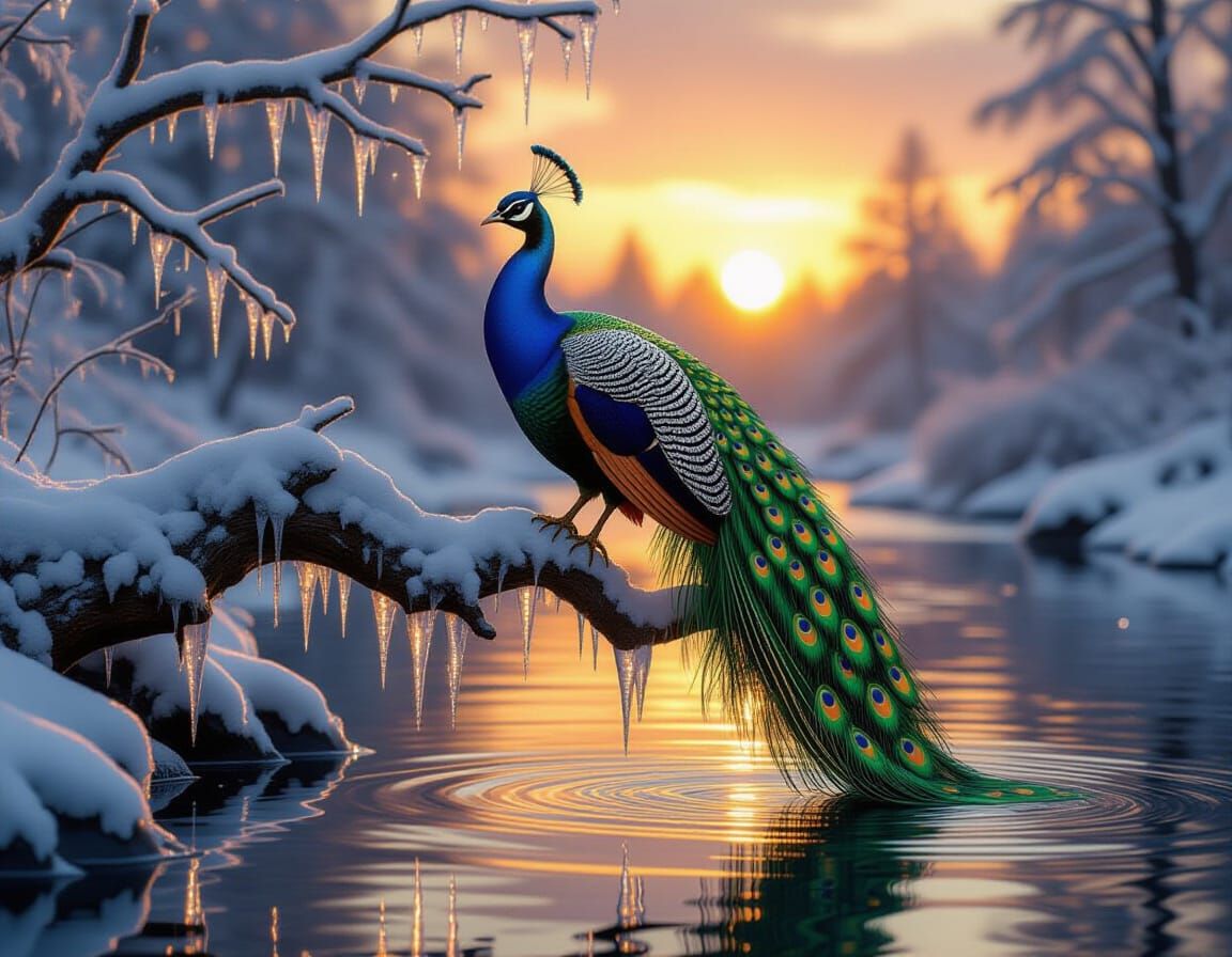 beautiful embossed glass peacock bird perched on a moss and snow-covered tree branch decorated with icicles, over a river, sharp reflection ...