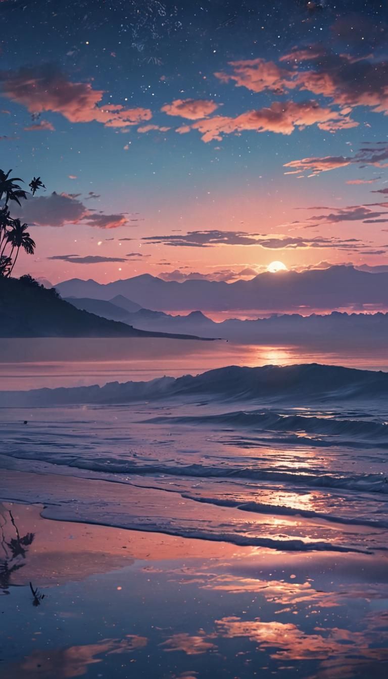 Viral anime nature wallpaper in 4K quality, in the style of photography with a 35mm lens inspired by Keiichi Hara, capturing a serene beach...