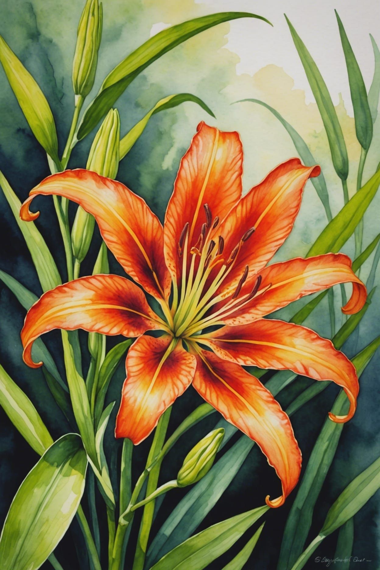Watercolor painting of a closeup of a fire lily