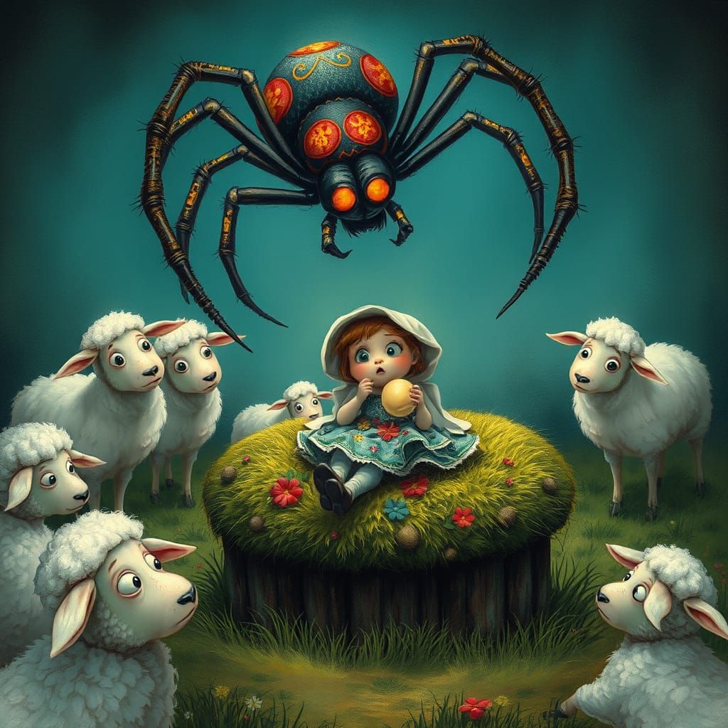 Zoomed in faces of several terrified, scared, and nervous lambs are watching in horror as an evil creepy <lora:Druga Vaughn:1.0> horrendous ...