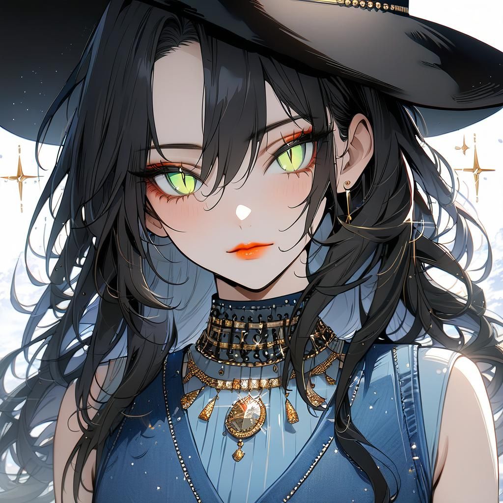 Anime Girl in Denim Vest and Cowboy Hat