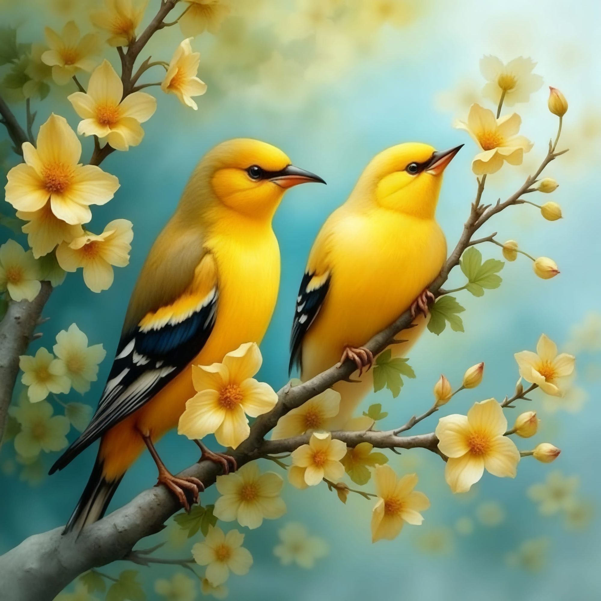  Two golden finch on a flowering branch