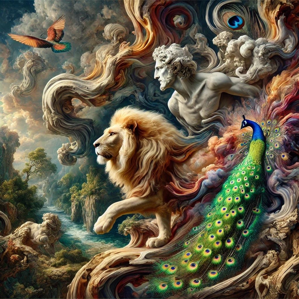 The man, the lion and the peacock