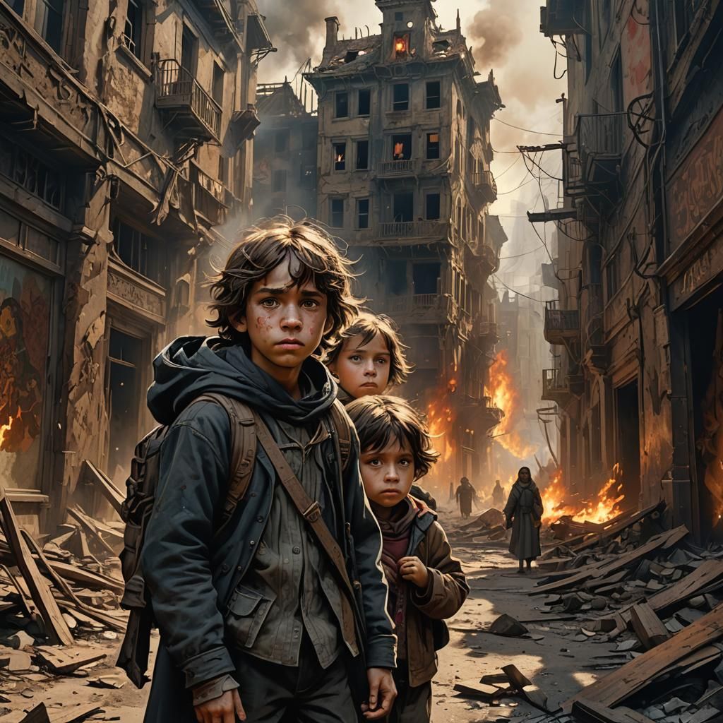 War-Torn Street: Children in Dark Fantasy Art