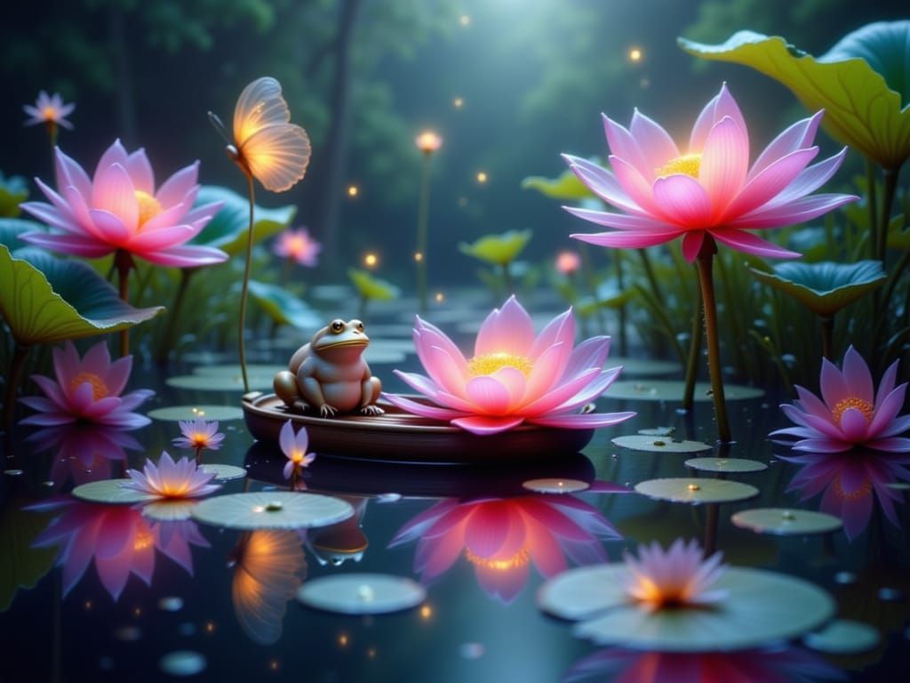 Landscape, fantasy, epic glowing Lotus flowers standing on both sides of a small river <lora:Vibrant Flowers:1.0> beautiful butterflies, a s...