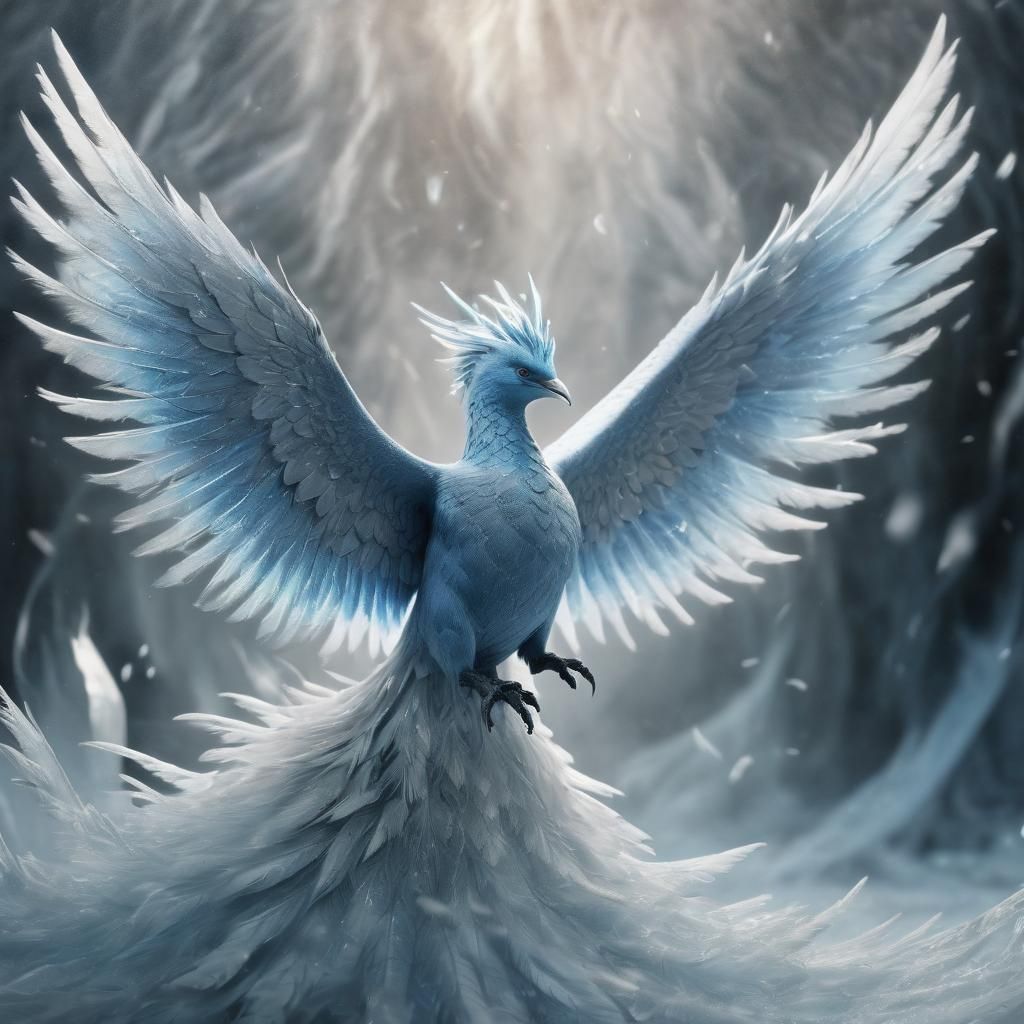 articuno in the middle of an ice storm, enchanted, beautiful, iridescent, divine, best quality , digital art