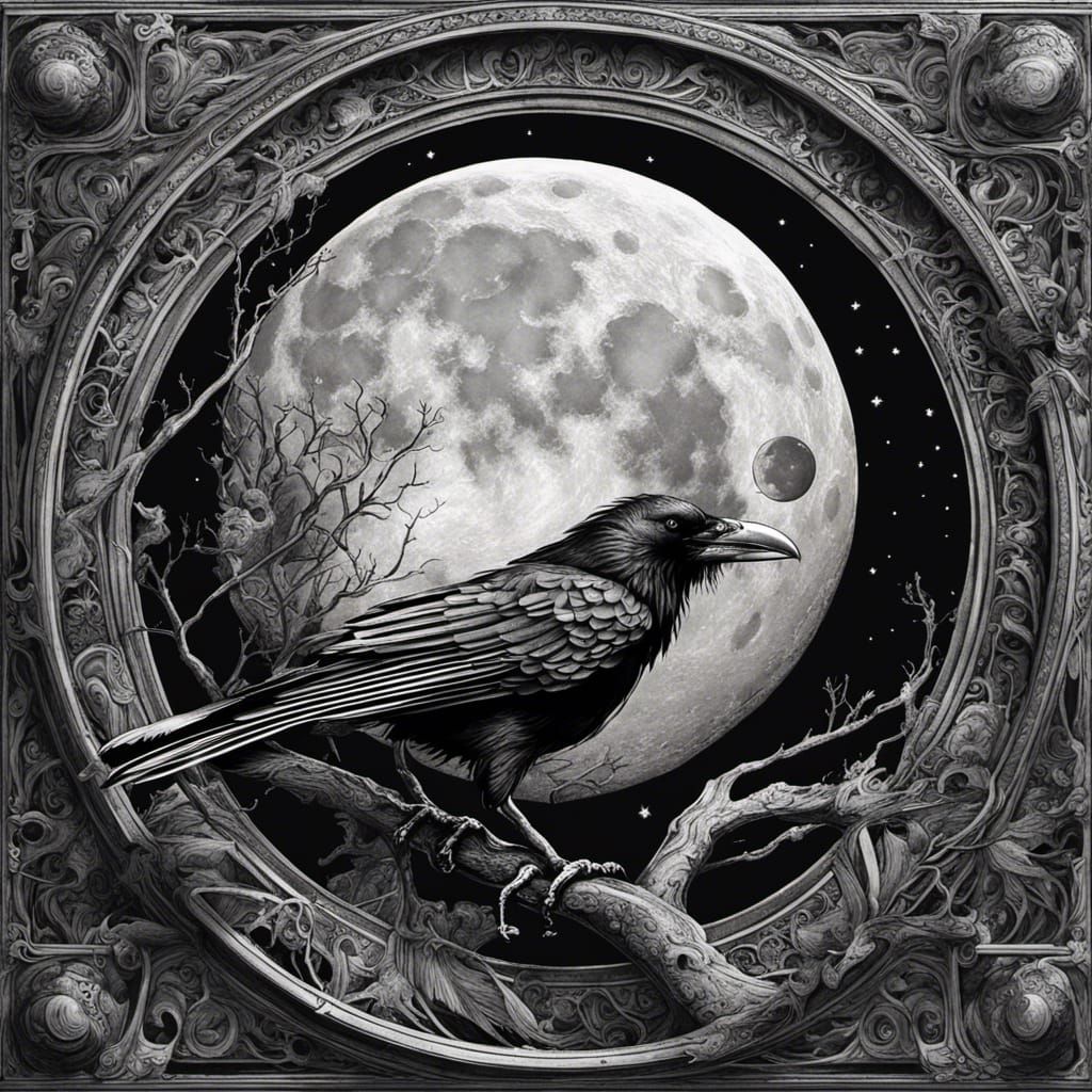 Black and White Pen and Ink drawing Raven and Full Moon  by @Poodles and Puddles
