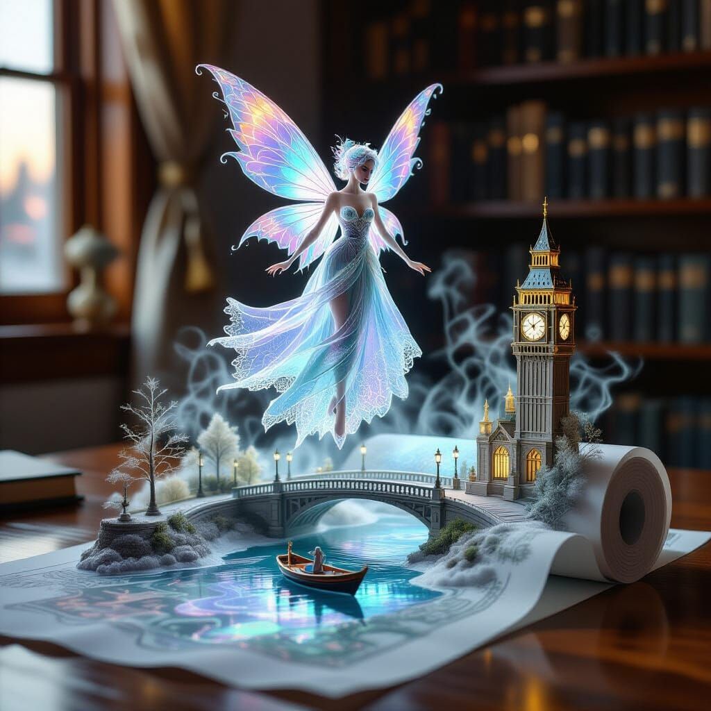 Fractal Fairy Above Miniature City in Neon Style