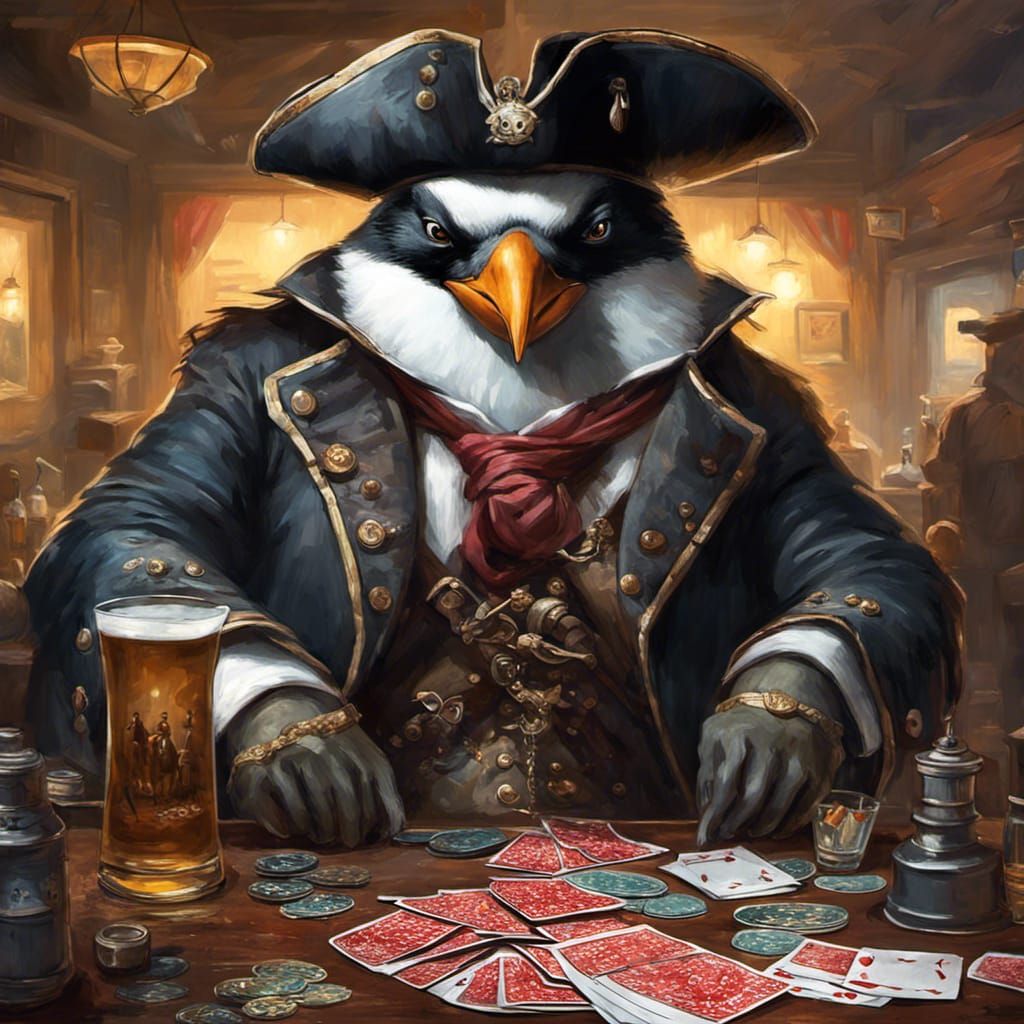 Fierce Pirate Penguin, Wearing Pirate Garb, in 19th Century Pub Playing Poker, Female Penguin Serving ...  by @Jennifer