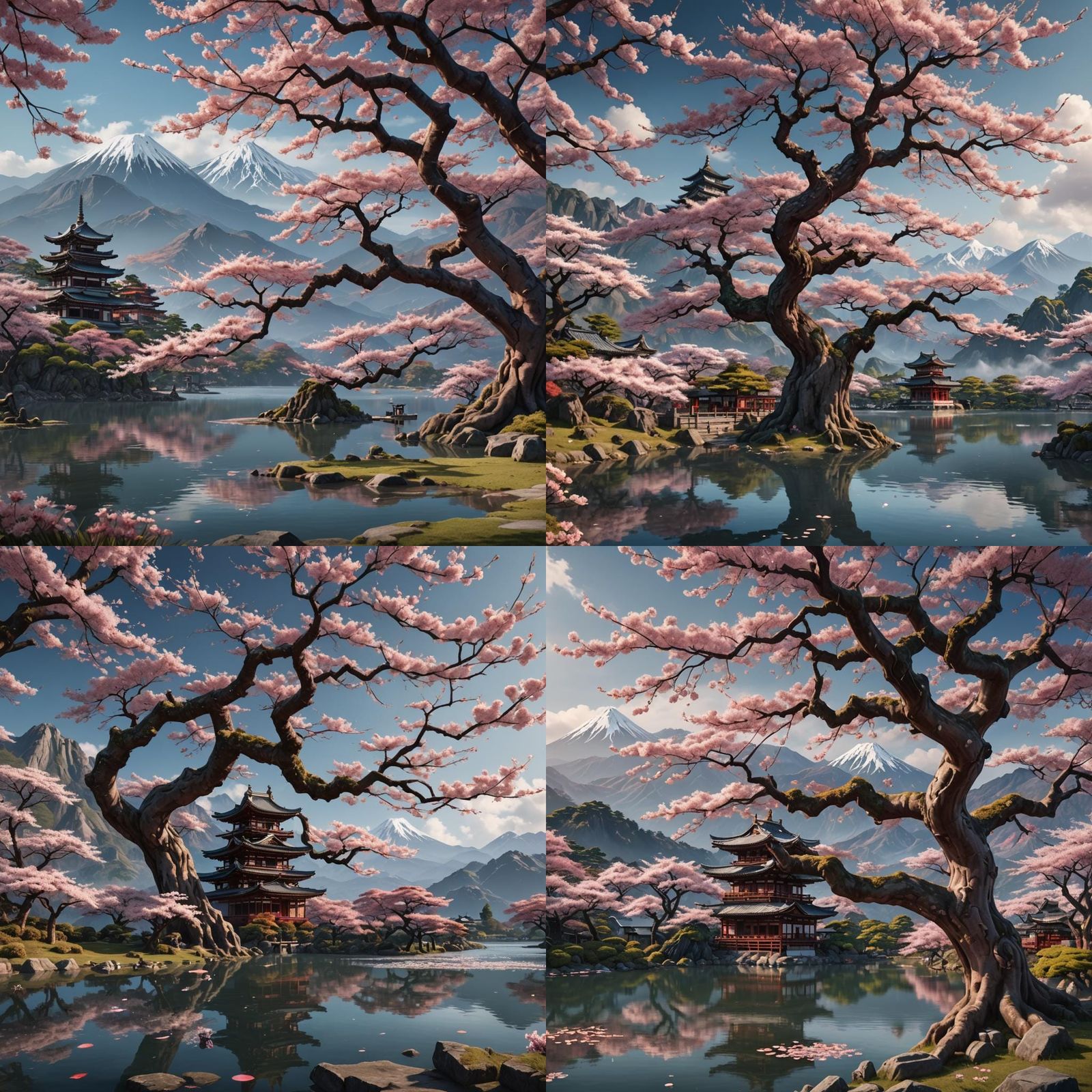 A beautiful ancient sakura tree in front of a lake. Mountain...