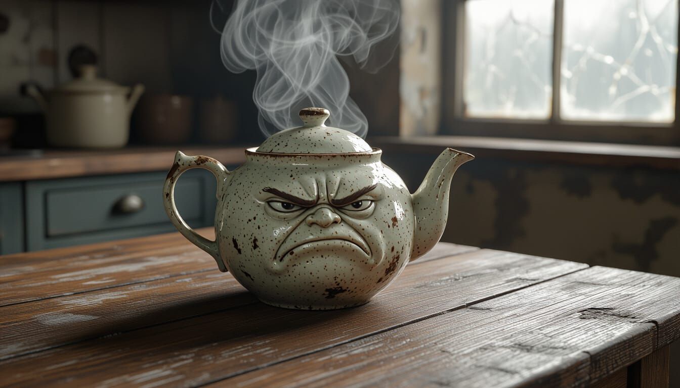 A vintage, chipped ceramic teapot with a grumpy, furrowed brow and downturned spout sits on a weathered ...  by @GMartini42