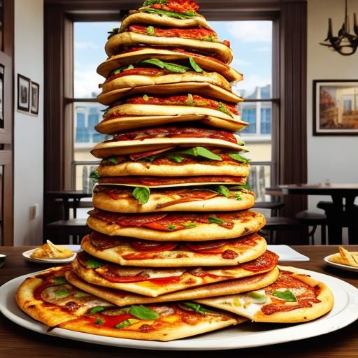 A tower made of pizza that is leaning