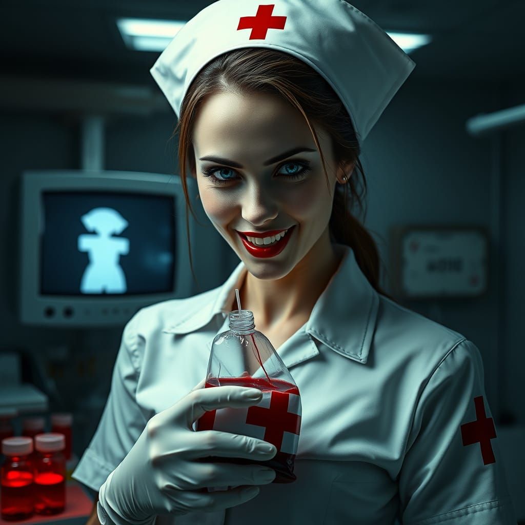 A modern vampire nurse working in a hospital blood bank. She wears a pristine white uniform with a traditional ...  by @Illusion Krafter