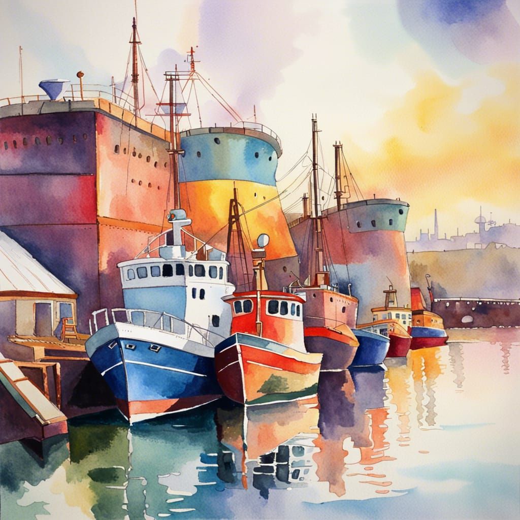Colourful watercolour painting of a shipyard, neo-impression...