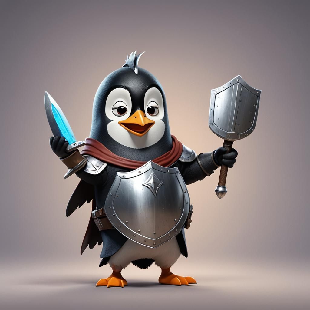 A cartoon penguin knight trying to hold up a shield