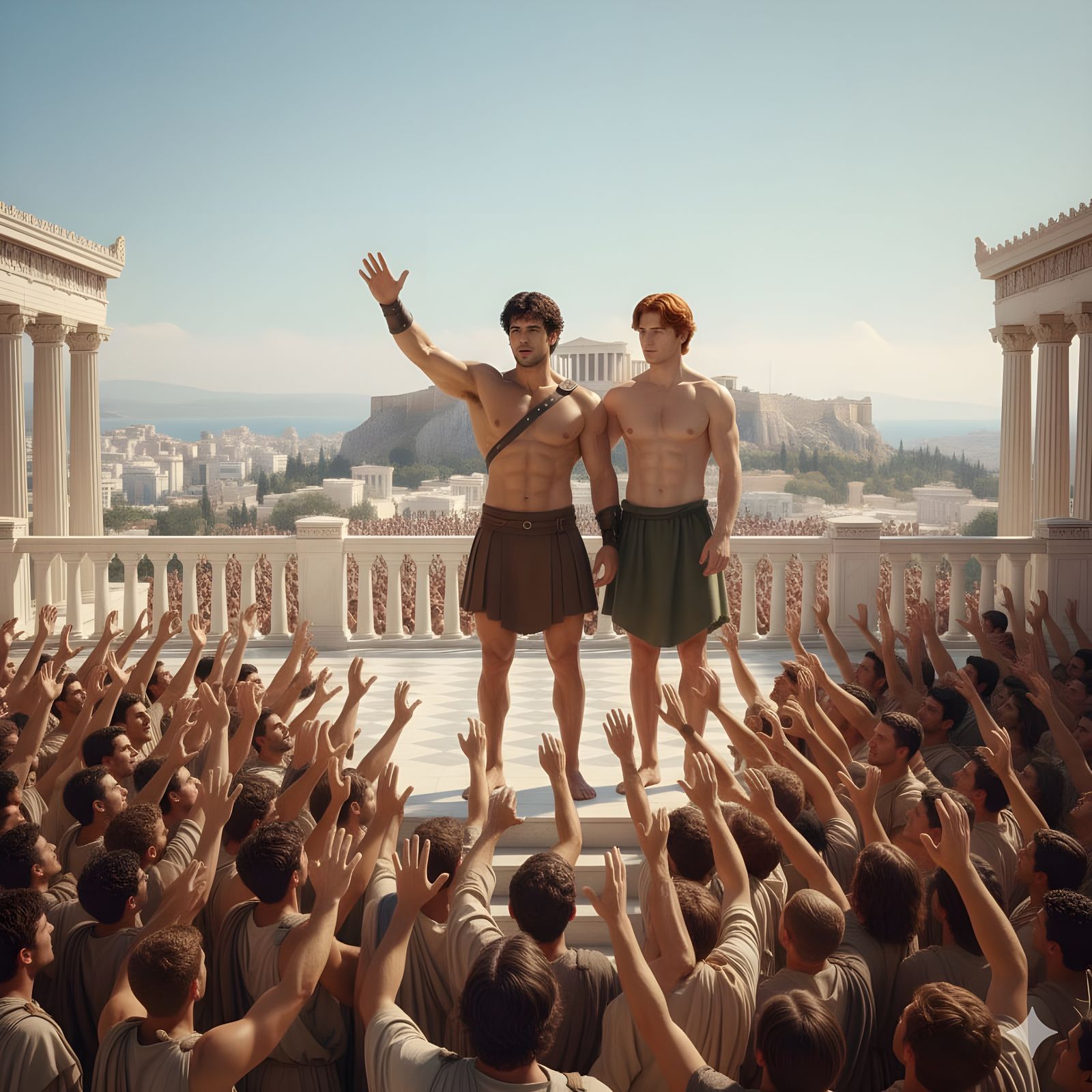 Theseus addresses crowd; Medus by his side