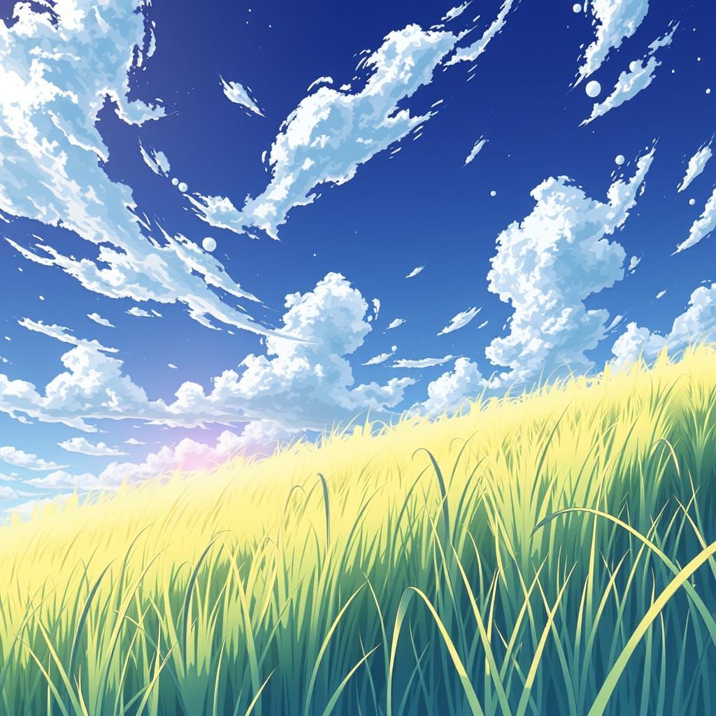 Anime Style Grass Field in Strong Wind