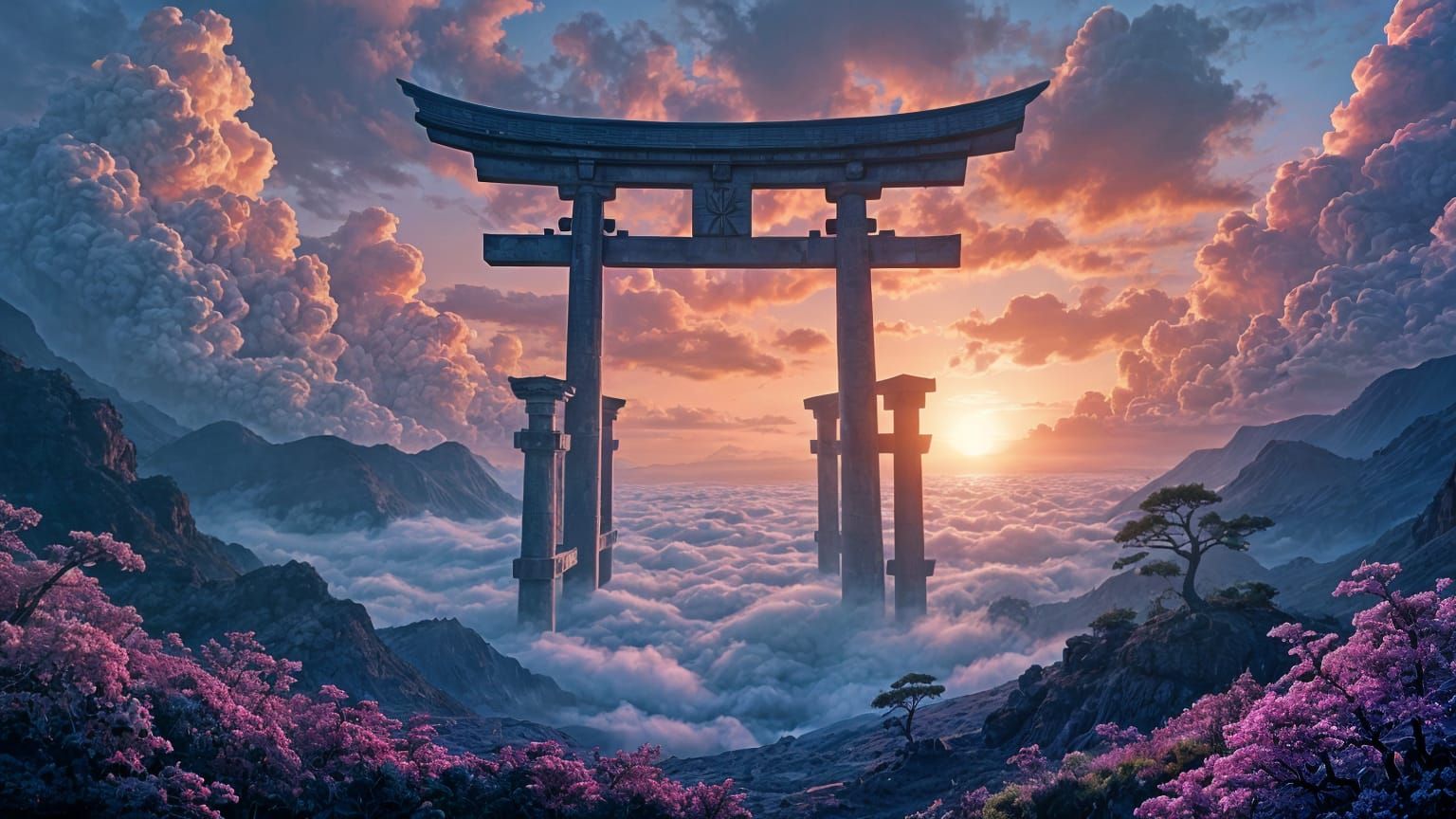 Change the existing fantasy landscape into a breathtaking futuristic megacity on a distant exoplanet while preserving the main torii gate st...
