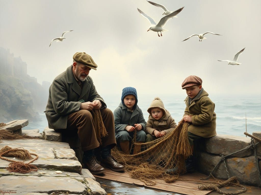  An early 20th century Yorkshire fisherman mending his nets watched by his grandchildren   by @Runway Lights 