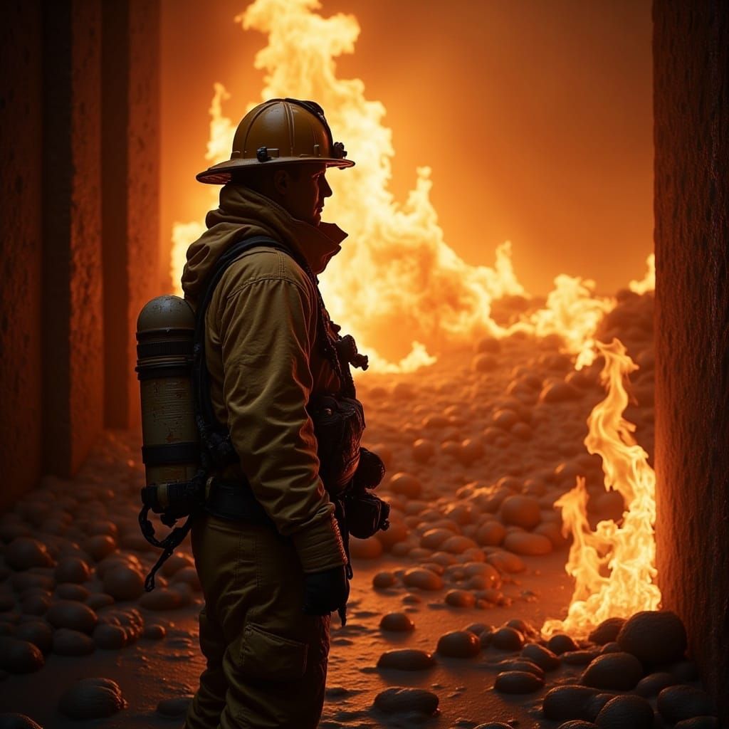  <lora:Ice Cream Flux:1.0> A firefighter preparing to fight a fire