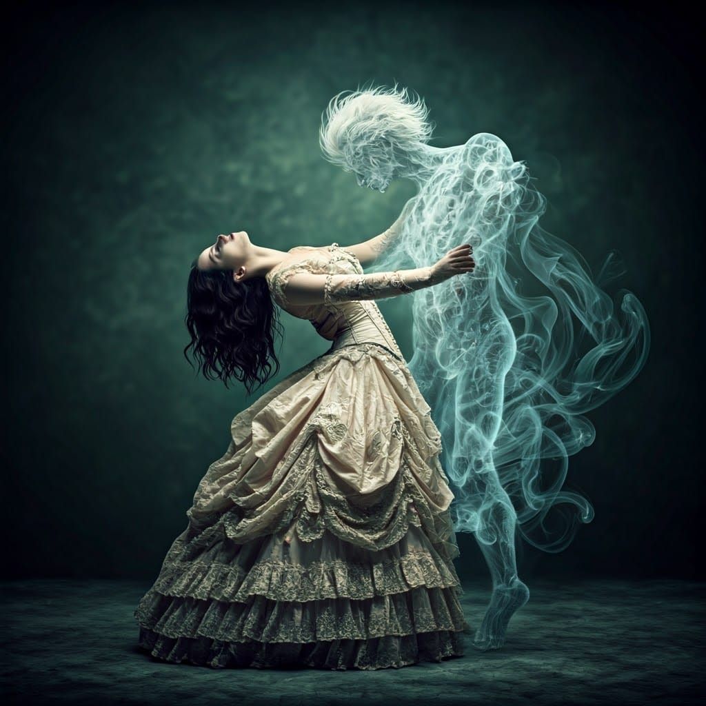 Gothic woman dancing with a person made of smoke.  Ballgown. Blurry . Smoky.  by @Psyfeara