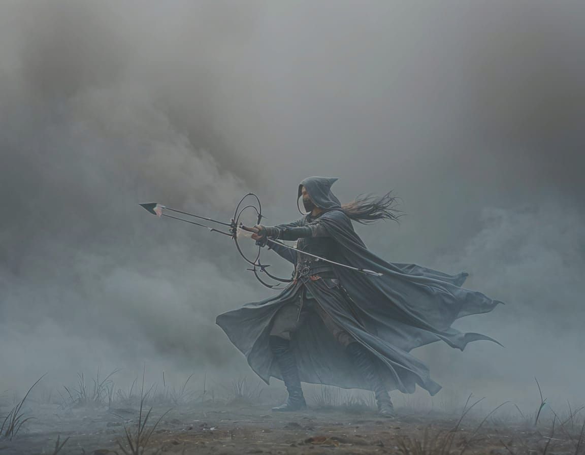 <lora:Smokescreen DSv8:1.0> From the edge of the scene, an elf masked and cloaked, dark and mysterious, fires an arrow across the wasteland ...