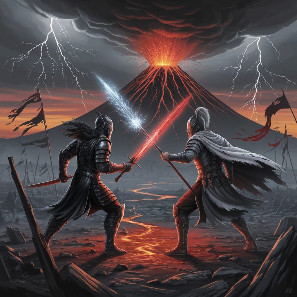 Epic Fantasy Battlefield Clash Under Volcanic Skies