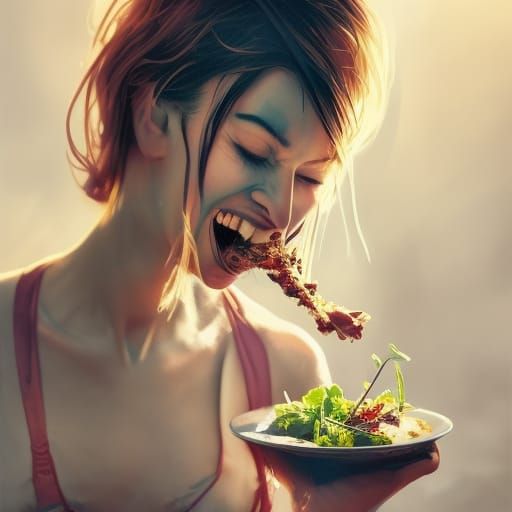 Bi-polar woman laughing eating salad