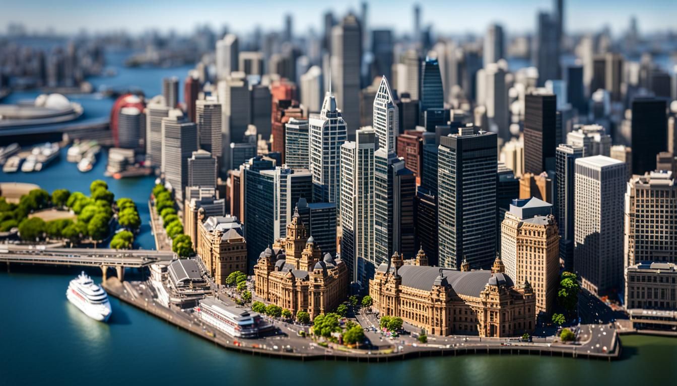 Sydney Bund, daytime,100mm lens,isometric,tilt shift,3d blender render