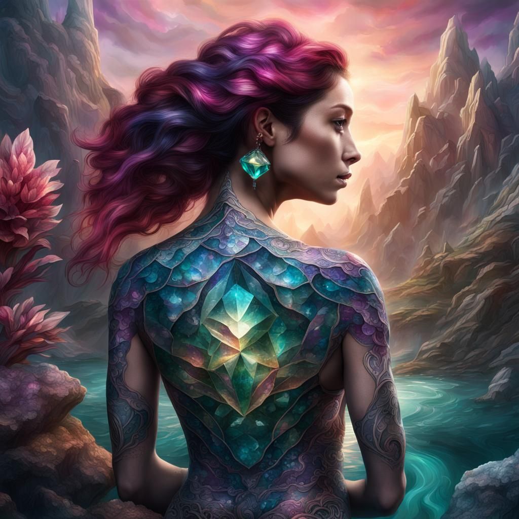 A woman with a large crystal 3D tattoos on her body with sca...