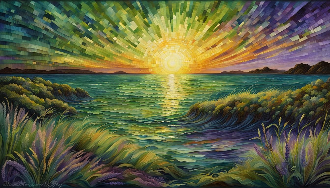 fine art mosaic, bright moss green,  dark brown, lavender, colorful radiating sunrays,  beach grass closeup ...  by @TC