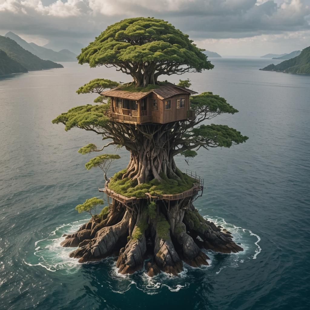 a mountain sized  tree growing in the middle of the ocean, a...