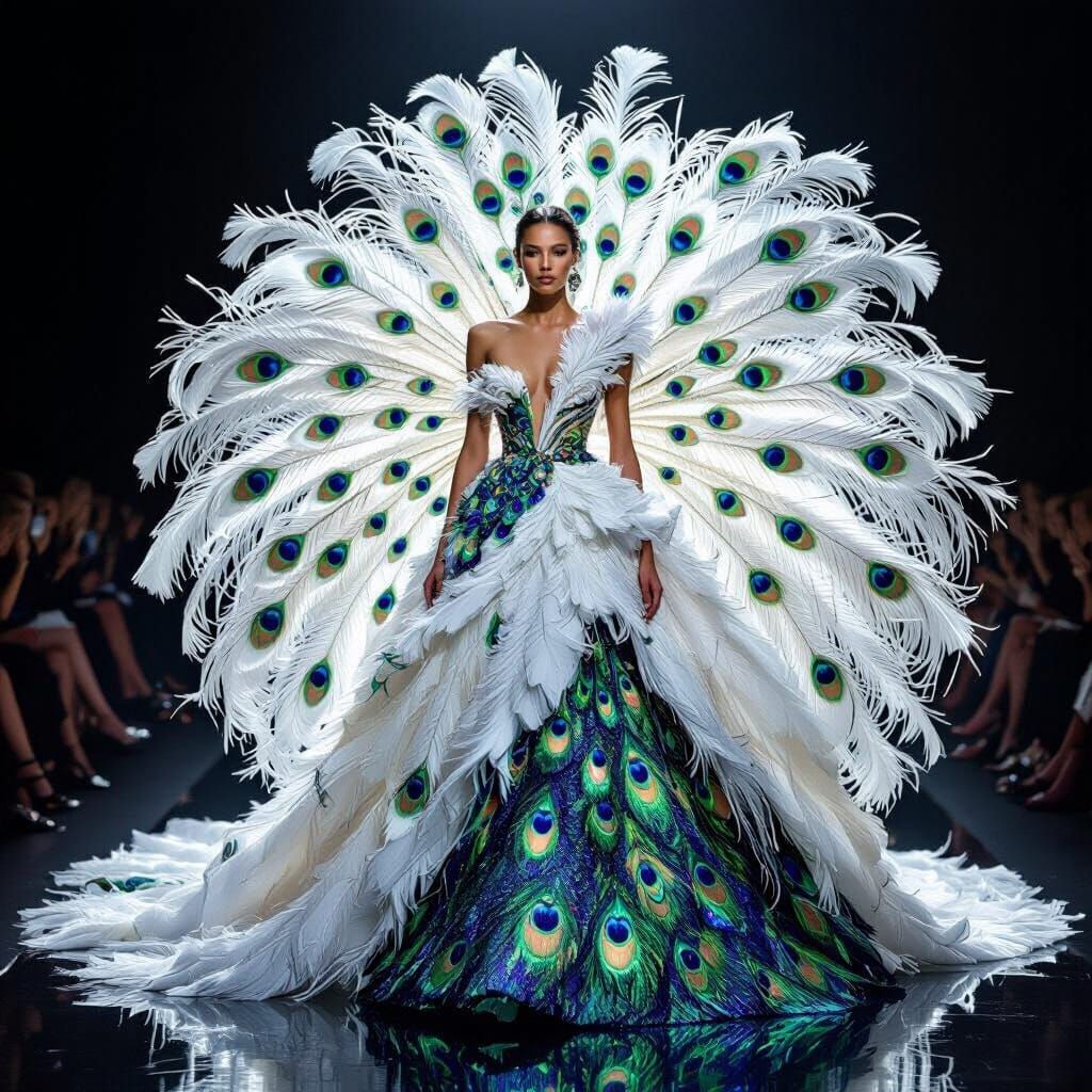 A couture runway gown made entirely of feathers
